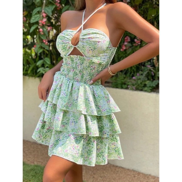 Alizey Floral Print Shirred Waist Cut Out Tie Backless Layered Hem Halter Dress - Picture 6 of 7